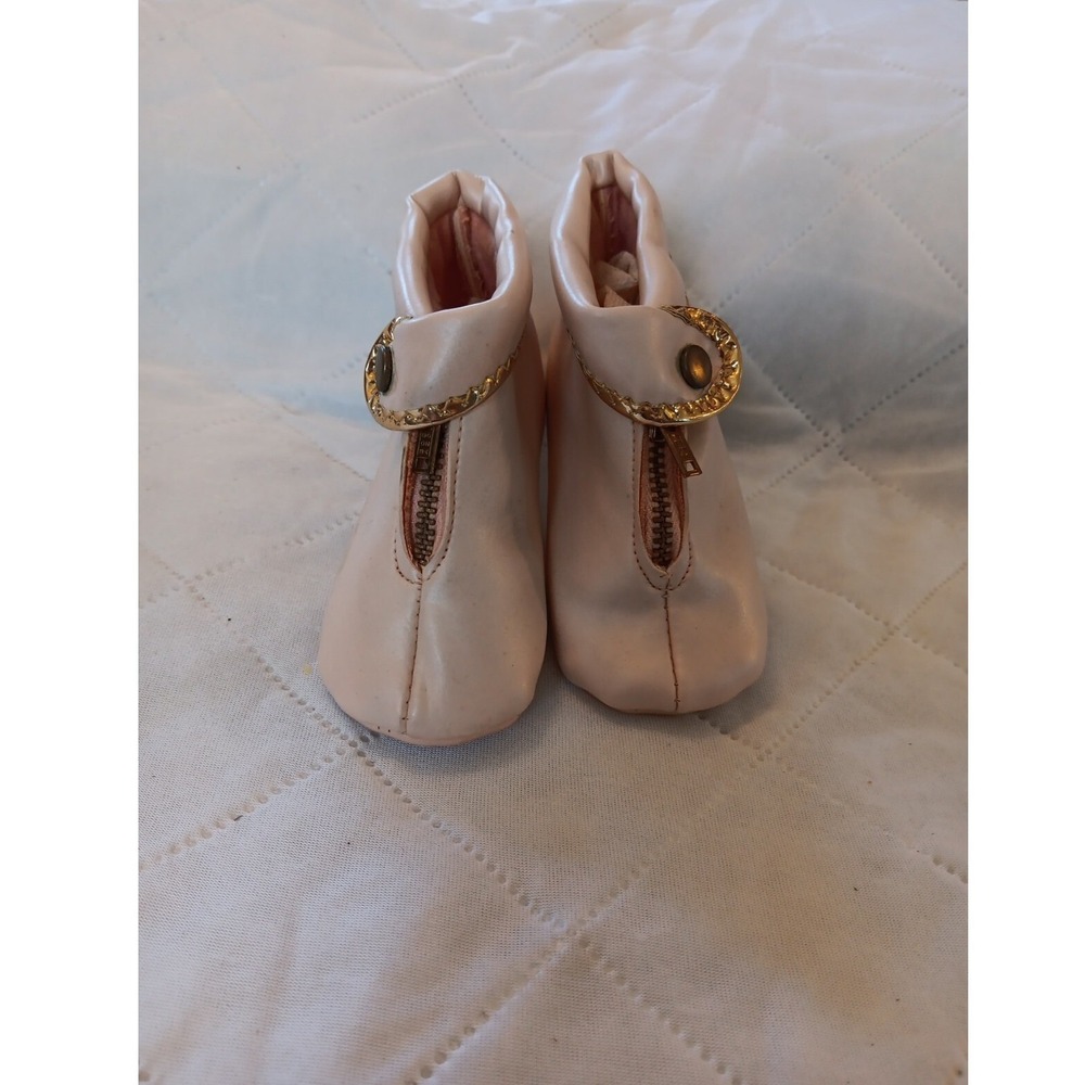 Vintage Baby Booties Pink Faux Leather Gold Chain Trim Front Zip Soft Sole USA